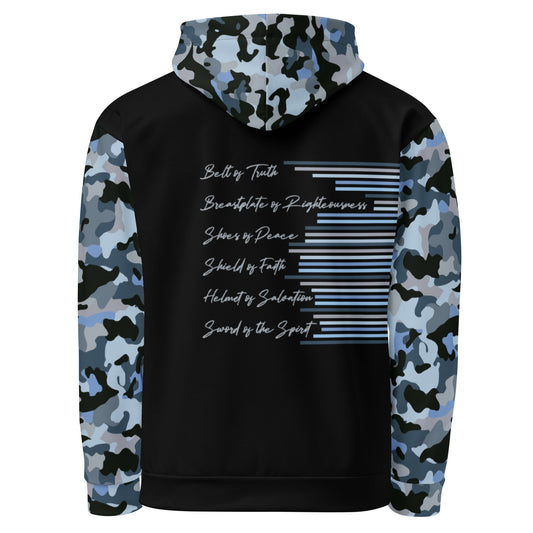 Armor of God - Blue Camo on Black Cotton Hoodie - Unisex - Sacred Stylz