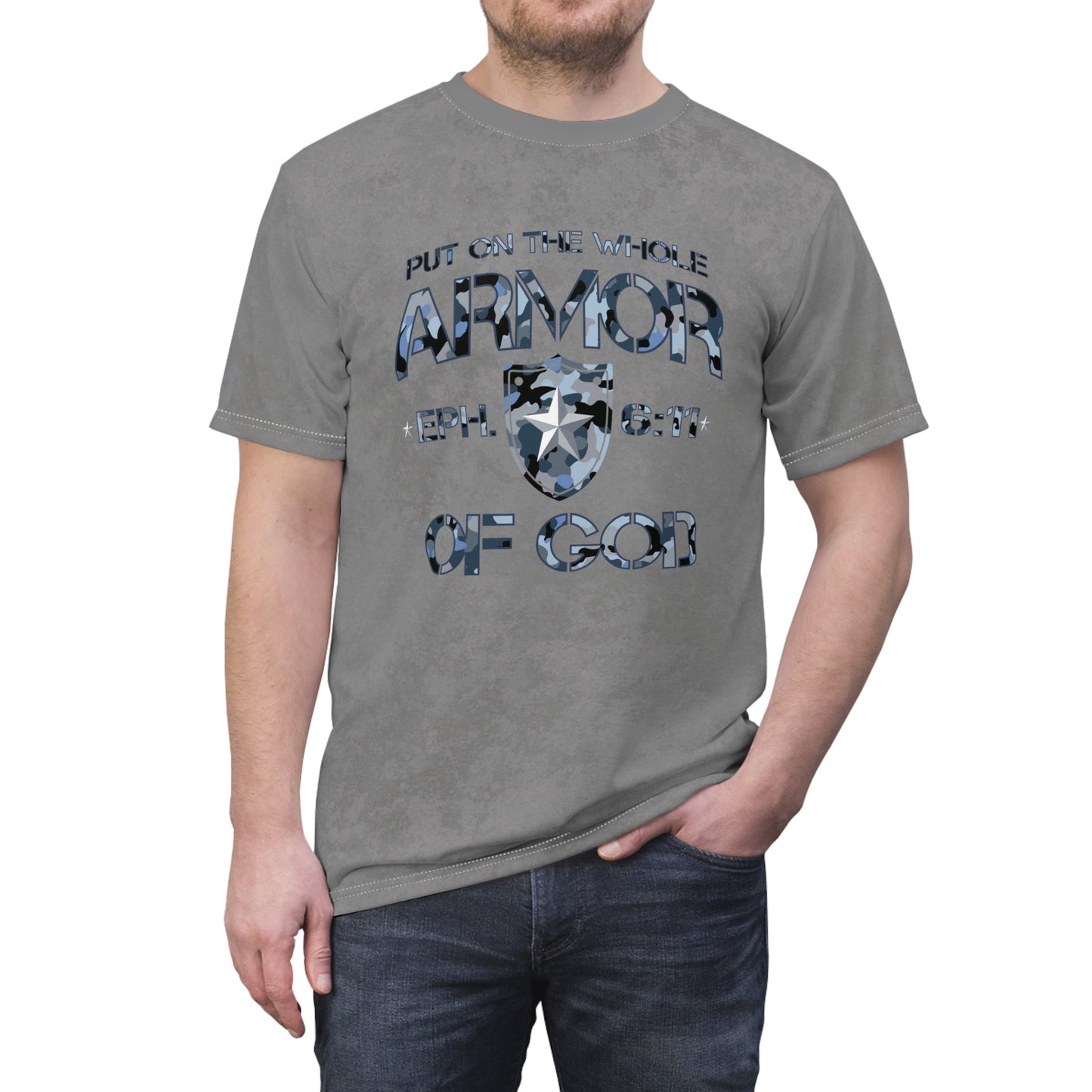 Armor of God – Blue Camo on Gray Suede - Wash Short Sleeve Tee - Sacred Stylz