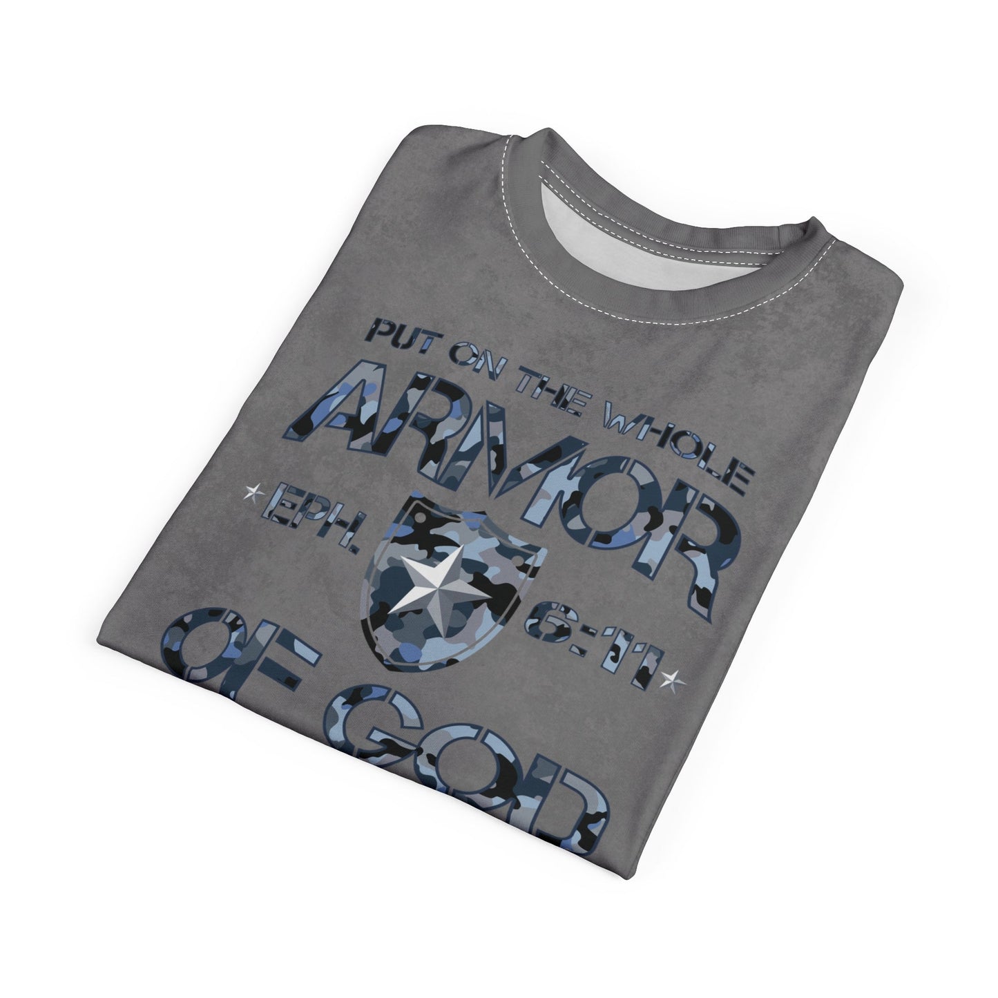 Armor of God – Blue Camo on Gray Suede - Wash Short Sleeve Tee - Sacred Stylz