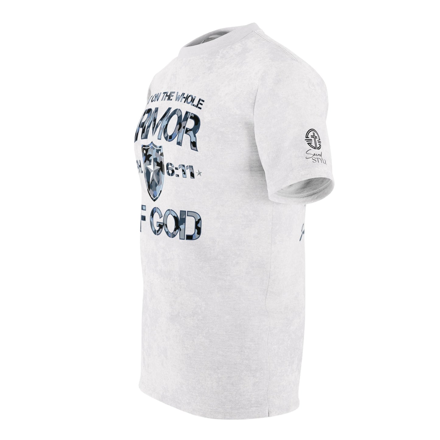 Armor of God – Blue Camo on White Suede - Wash Short Sleeve Tee - Sacred Stylz