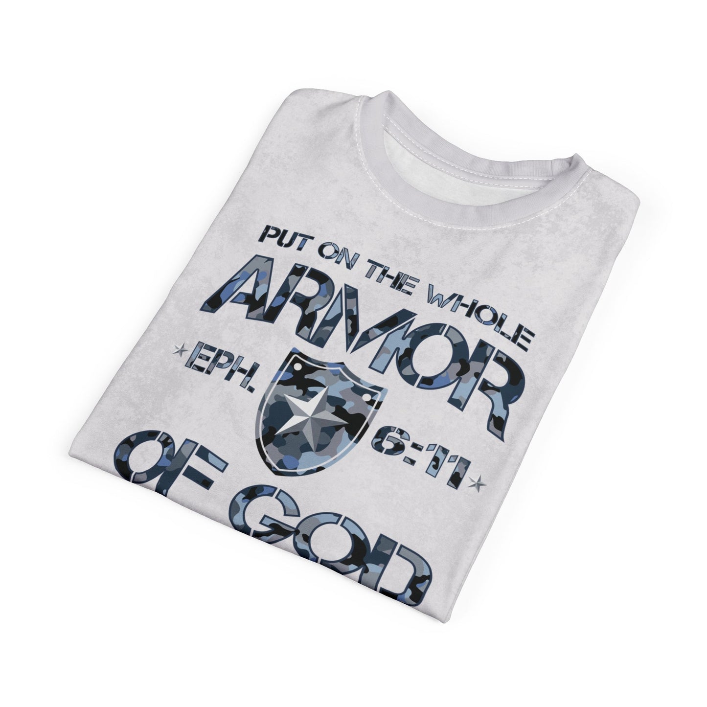 Armor of God – Blue Camo on White Suede - Wash Short Sleeve Tee - Sacred Stylz