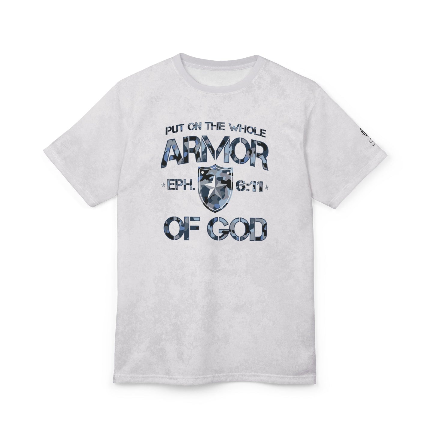 Armor of God – Blue Camo on White Suede - Wash Short Sleeve Tee - Sacred Stylz