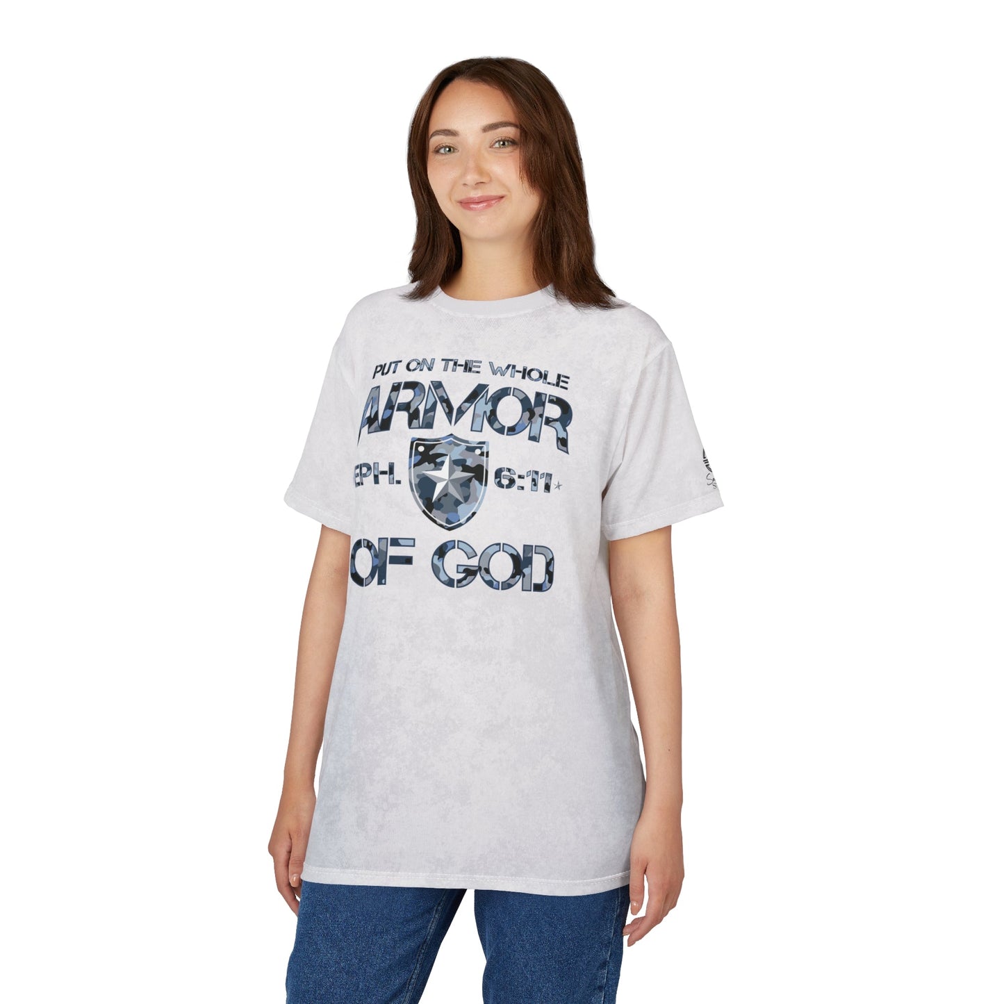 Armor of God – Blue Camo on White Suede - Wash Short Sleeve Tee - Sacred Stylz