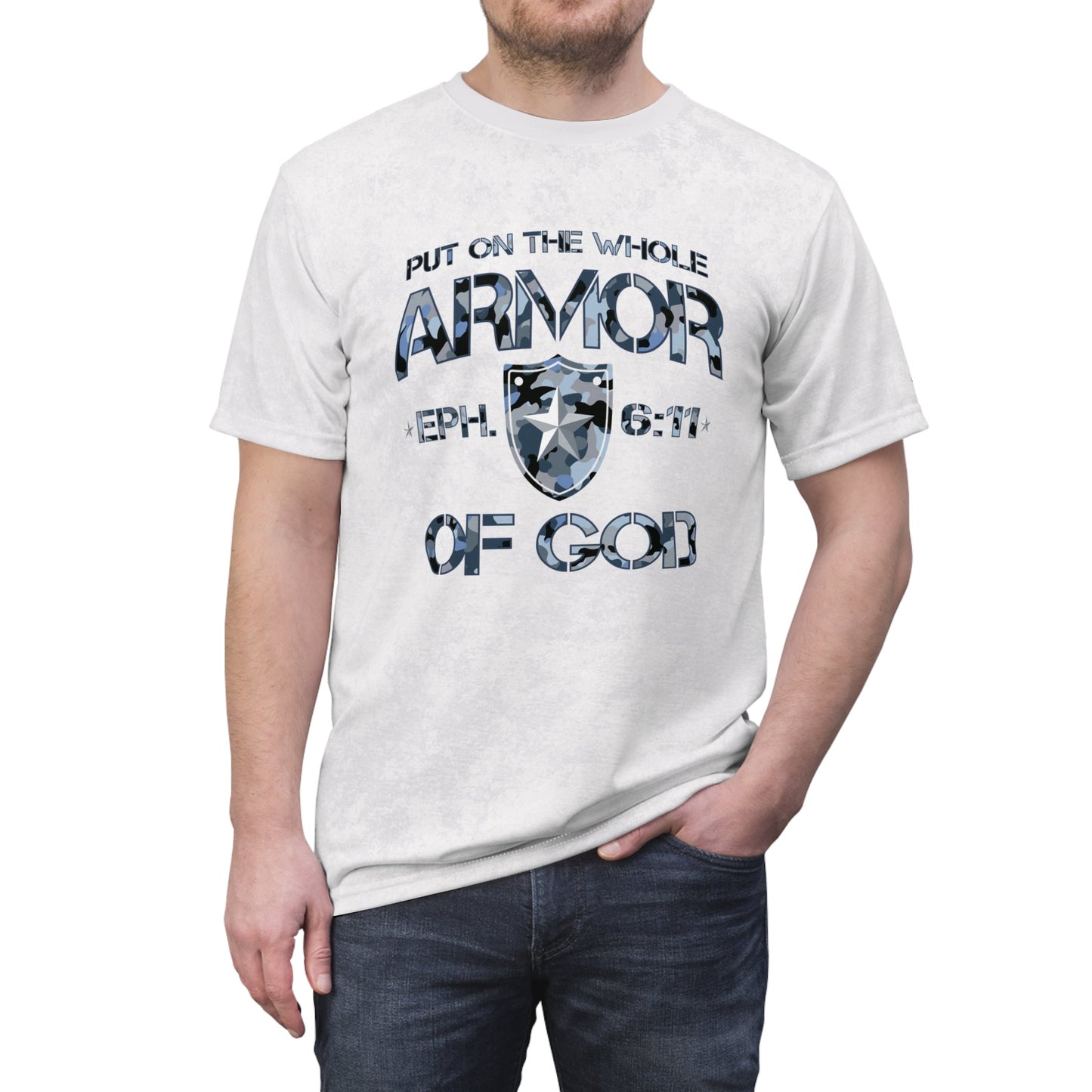 Armor of God – Blue Camo on White Suede - Wash Short Sleeve Tee - Sacred Stylz