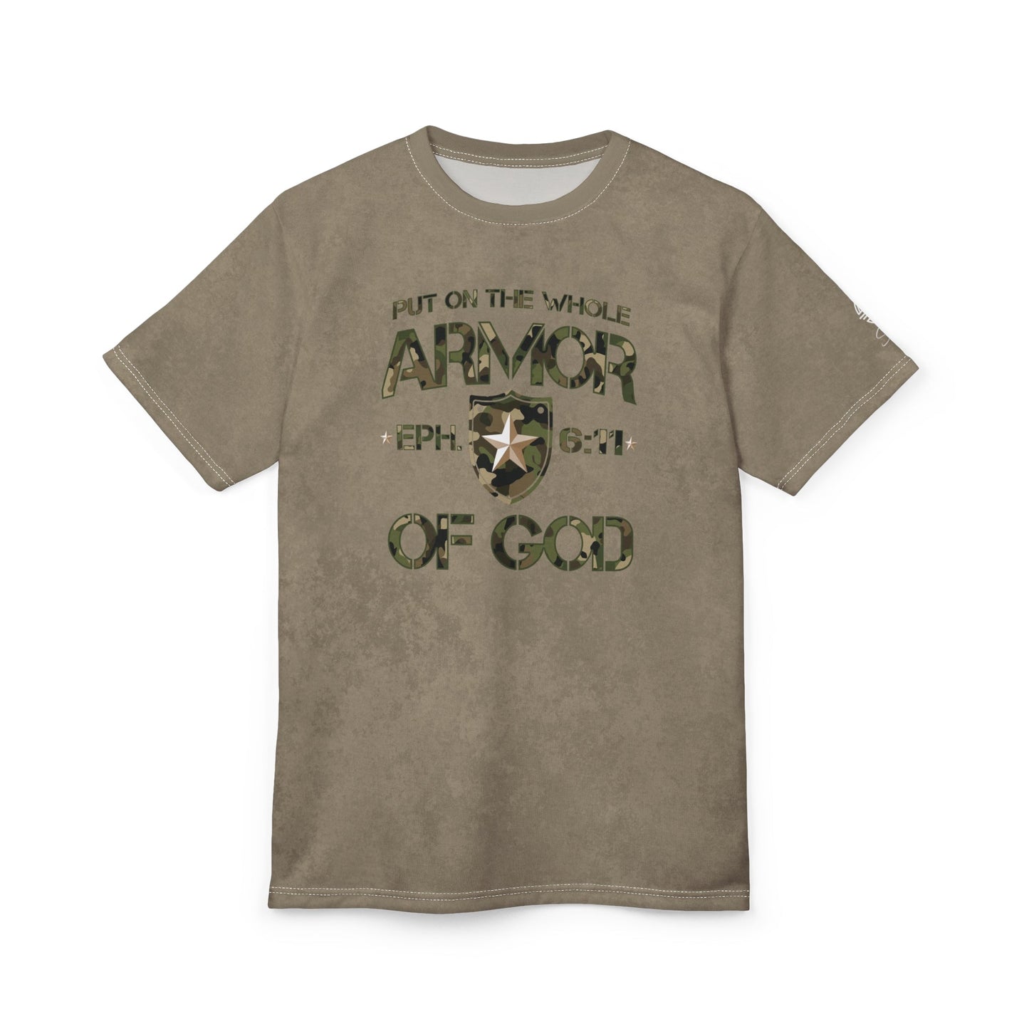Armor of God – Green Camo on Tan Suede - Wash Short Sleeve Tee - Sacred Stylz