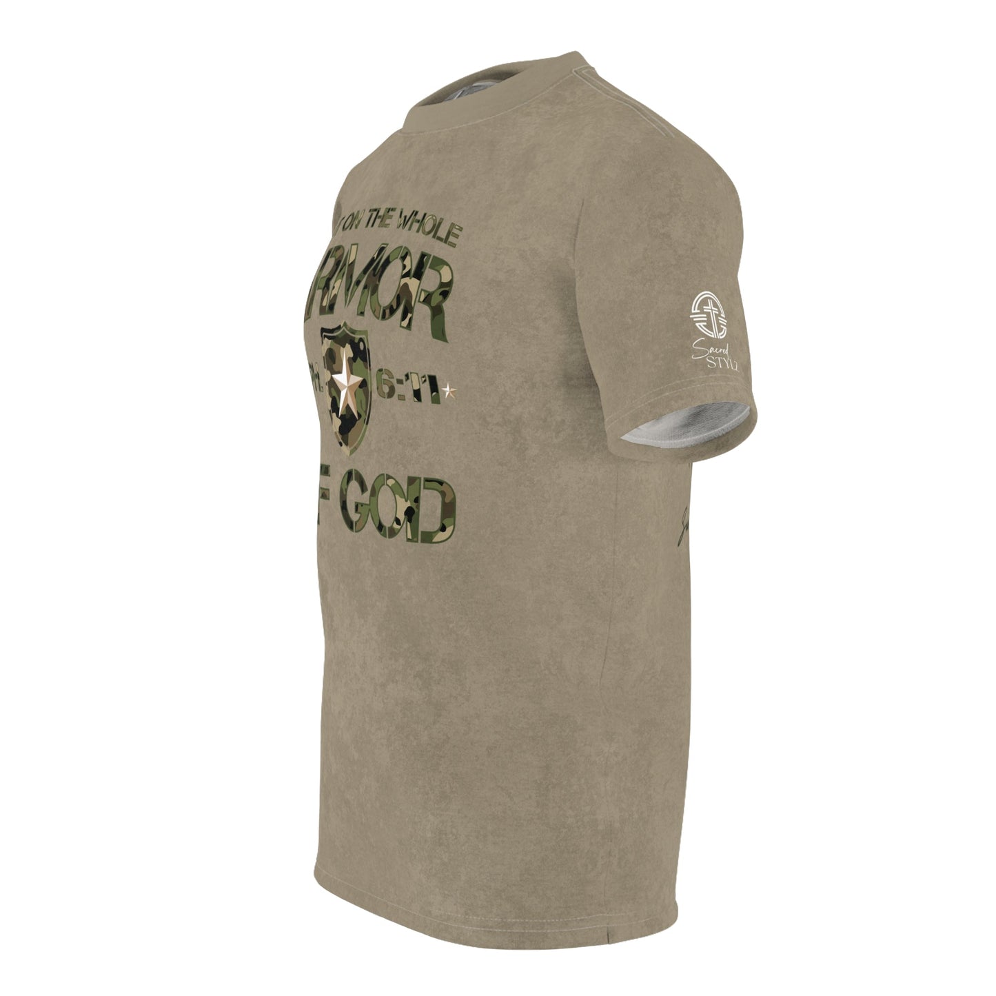 Armor of God – Green Camo on Tan Suede - Wash Short Sleeve Tee - Sacred Stylz
