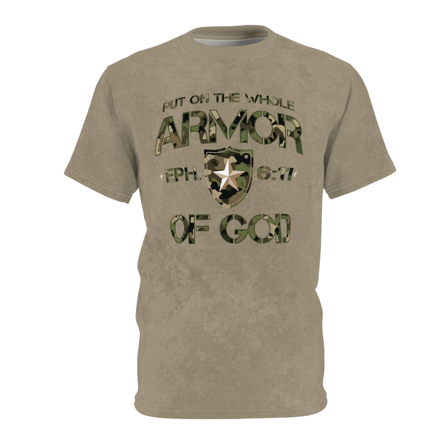 Armor of God – Green Camo on Tan Suede - Wash Short Sleeve Tee - Sacred Stylz