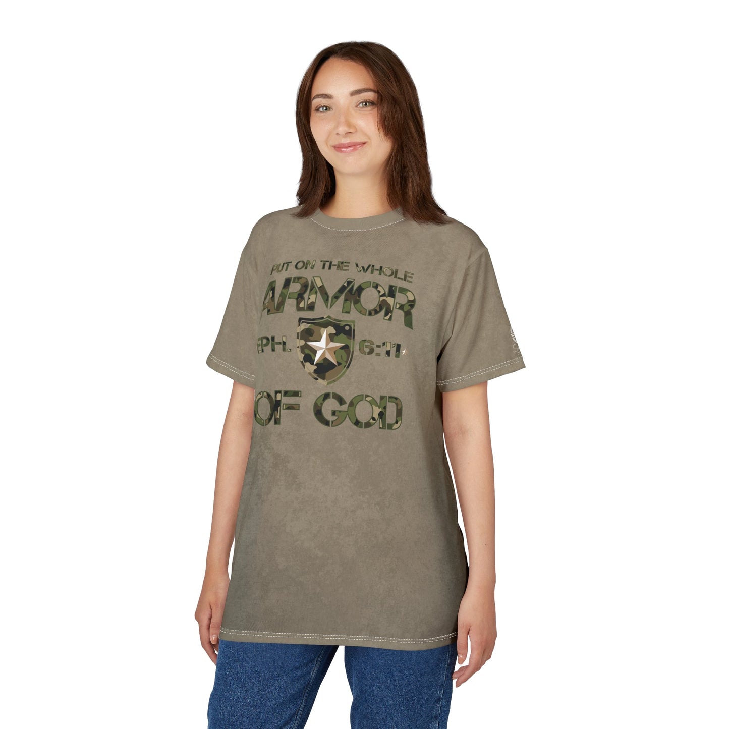 Armor of God – Green Camo on Tan Suede - Wash Short Sleeve Tee - Sacred Stylz