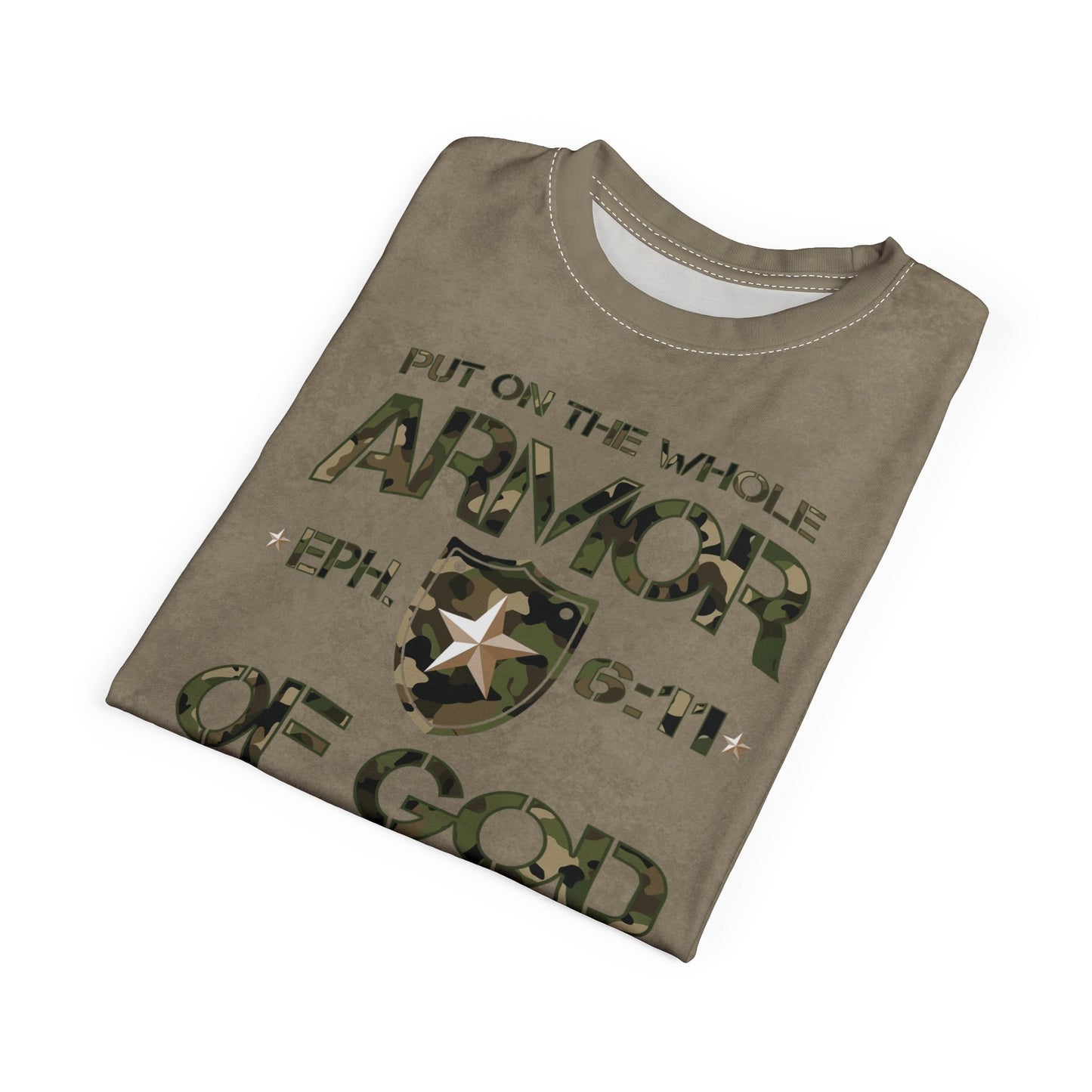 Armor of God – Green Camo on Tan Suede - Wash Short Sleeve Tee - Sacred Stylz