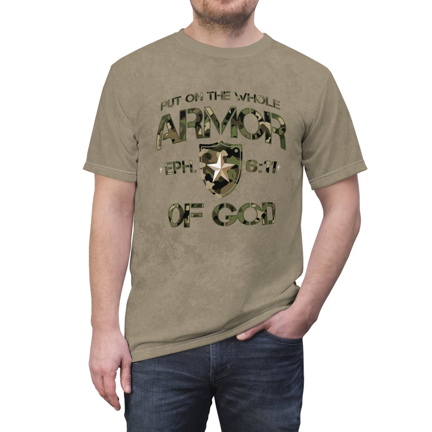 Armor of God – Green Camo on Tan Suede - Wash Short Sleeve Tee - Sacred Stylz