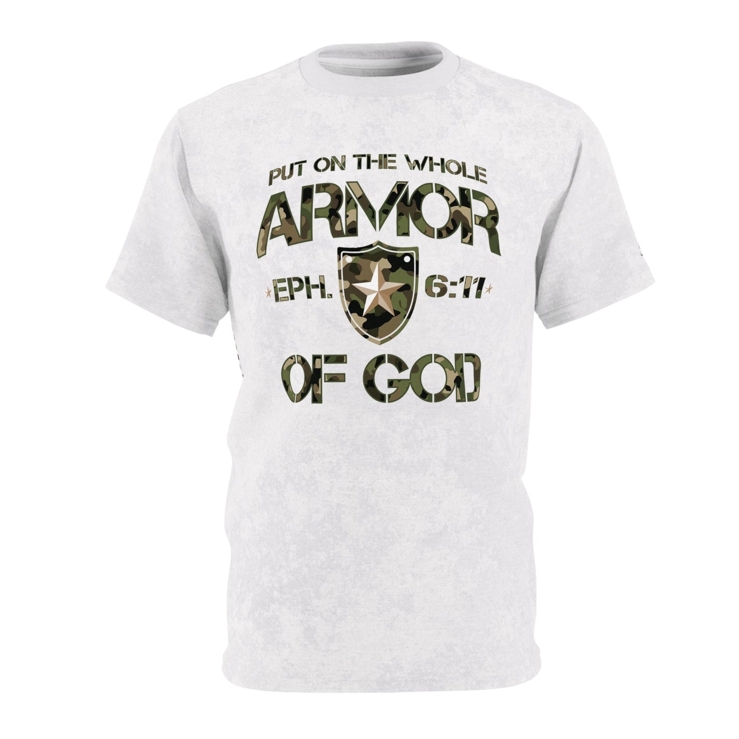 Armor of God – Green Camo on White Suede - Wash Short Sleeve Tee - Sacred Stylz