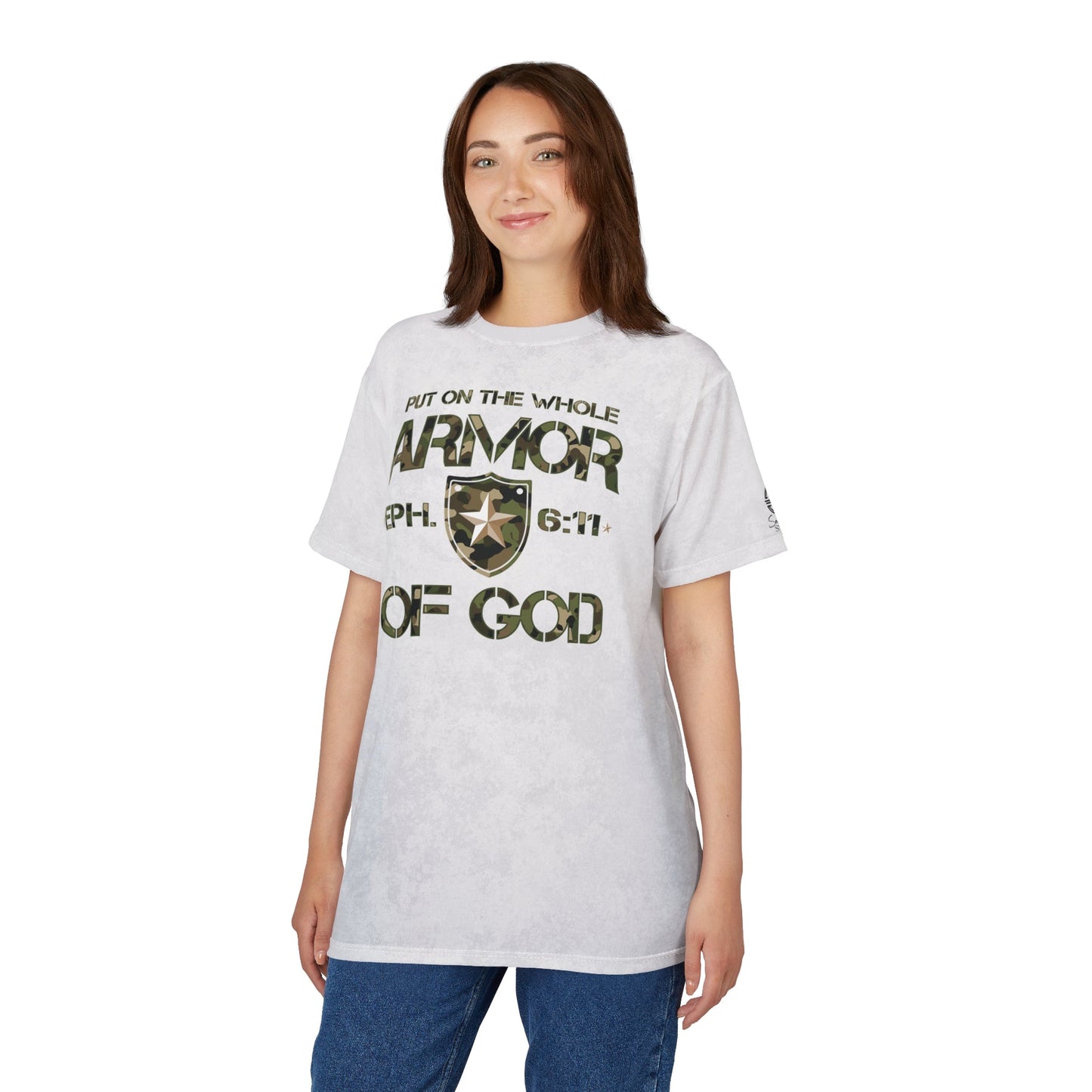 Armor of God – Green Camo on White Suede - Wash Short Sleeve Tee - Sacred Stylz
