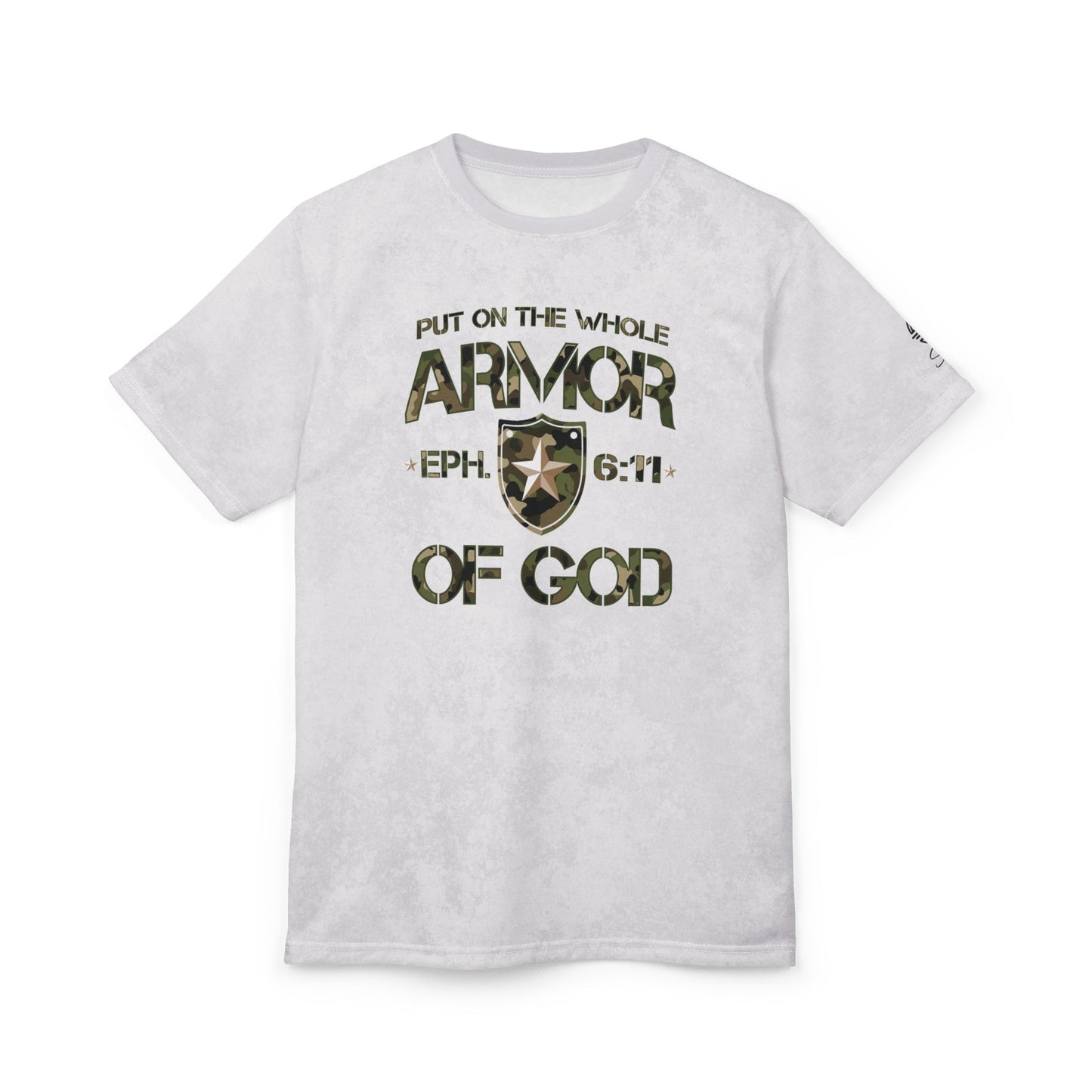 Armor of God – Green Camo on White Suede - Wash Short Sleeve Tee - Sacred Stylz
