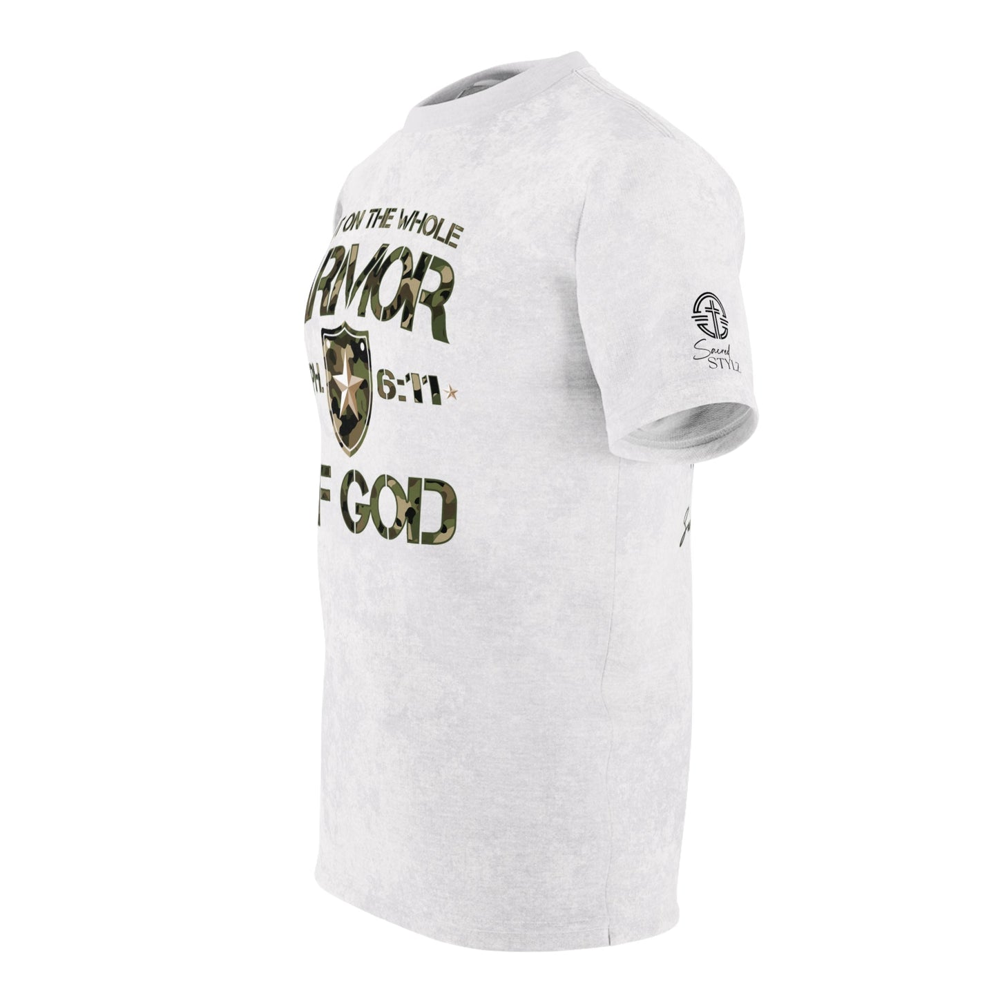 Armor of God – Green Camo on White Suede - Wash Short Sleeve Tee - Sacred Stylz