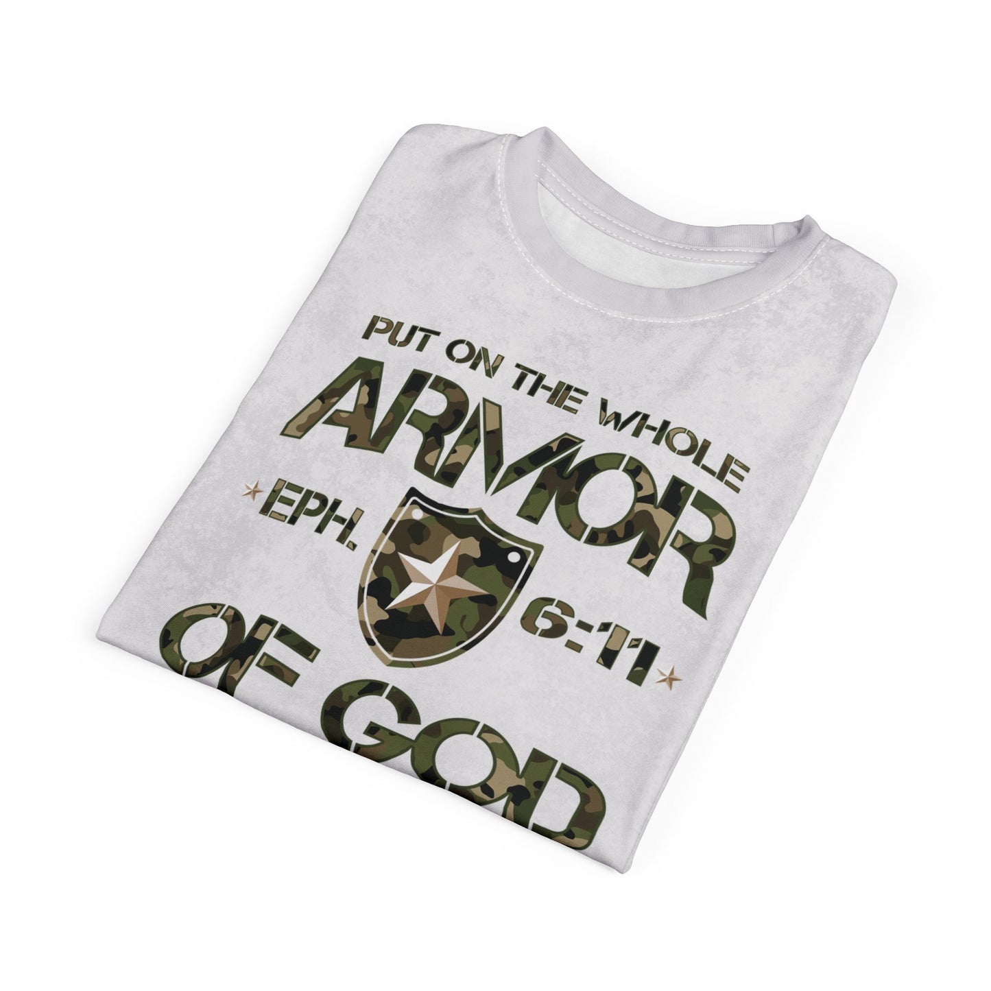 Armor of God – Green Camo on White Suede - Wash Short Sleeve Tee - Sacred Stylz
