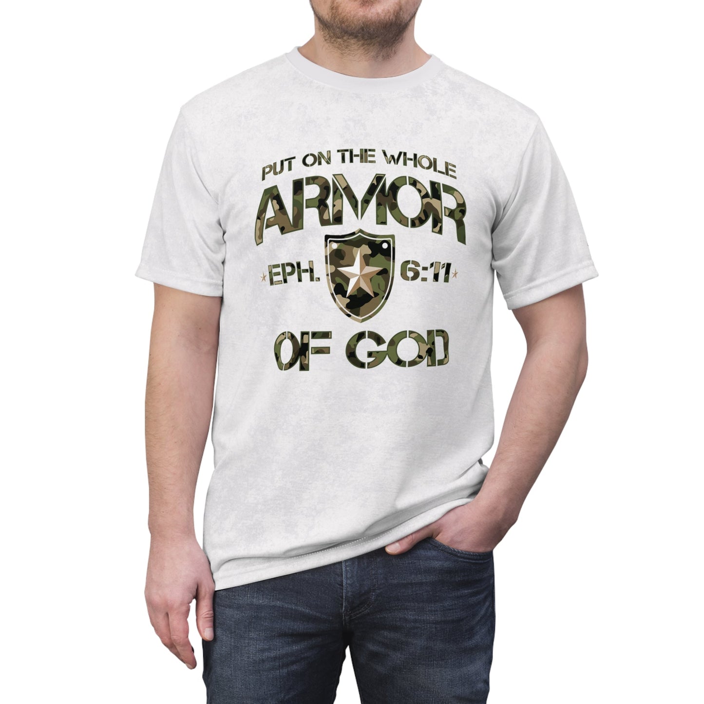 Armor of God – Green Camo on White Suede - Wash Short Sleeve Tee - Sacred Stylz