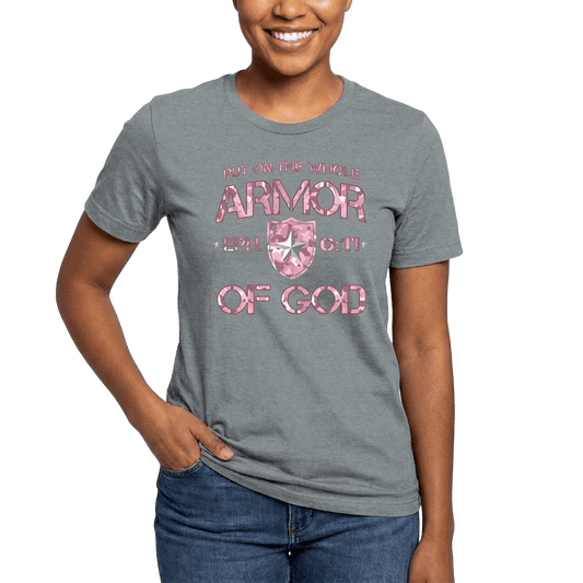 Armor of God – Pink Camo Collection – Tri - Blend Tee (Carnation Pink / Heathered Gray / White) - Sacred Stylz
