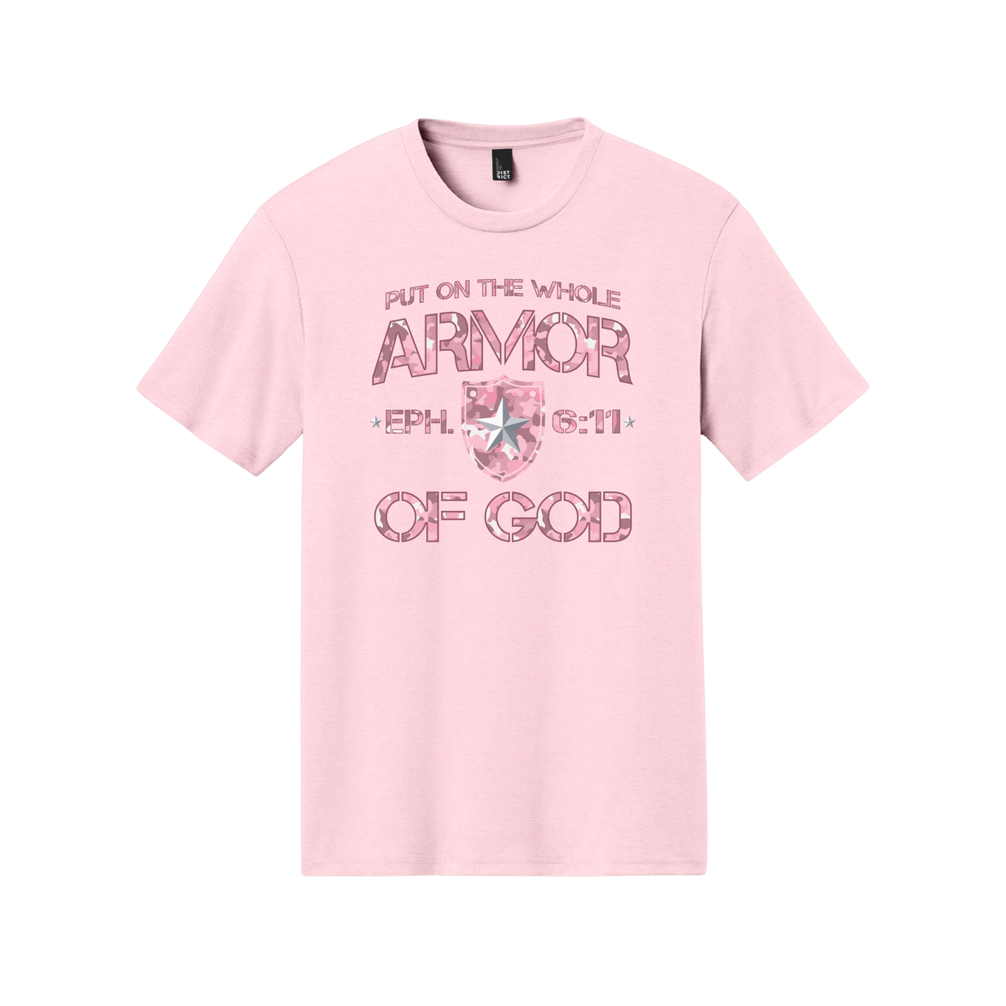 Armor of God – Pink Camo Collection – Tri - Blend Tee (Carnation Pink / Heathered Gray / White) - Sacred Stylz