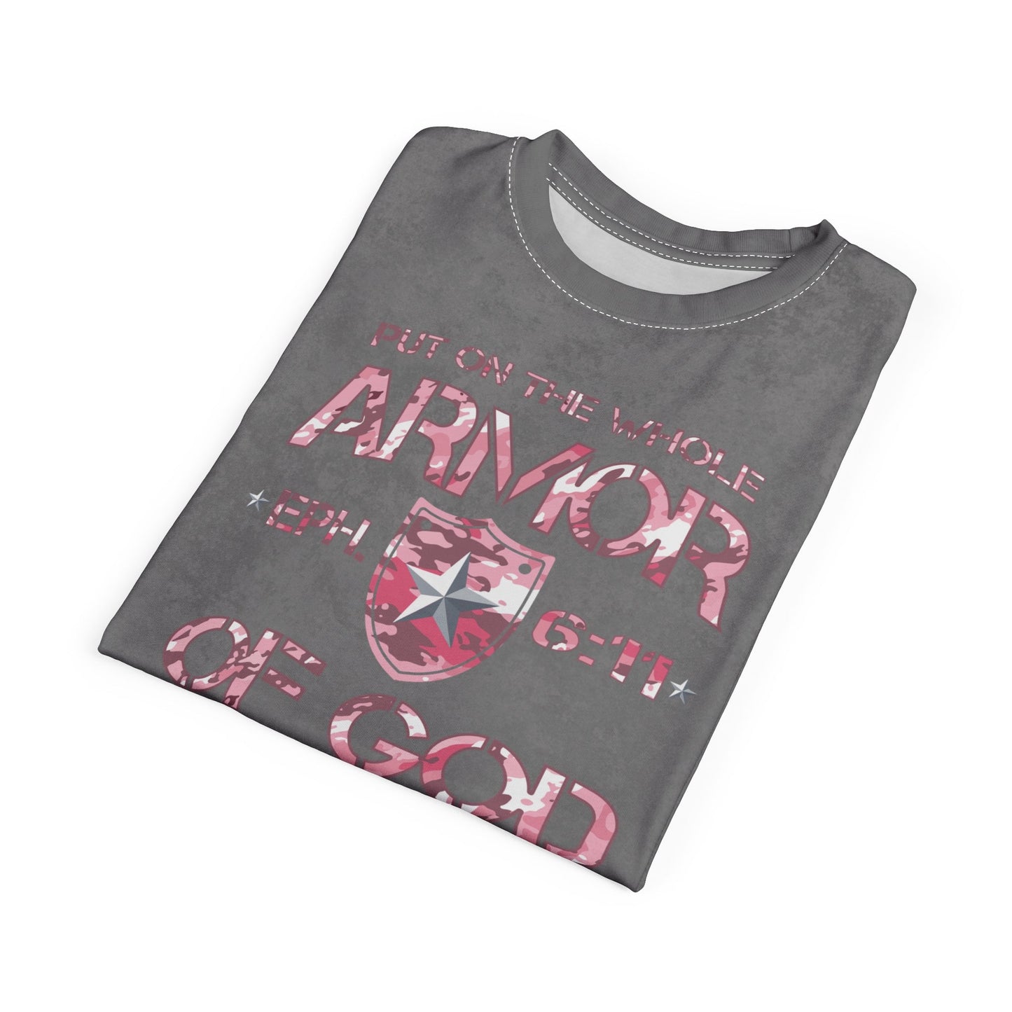 Armor of God – Pink Camo on Gray Suede - Wash Short Sleeve Tee - Sacred Stylz
