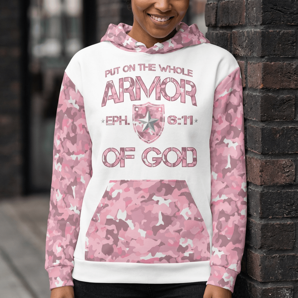 Armor of God - Pink Camo on White Cotton Hoodie - Unisex - Sacred Stylz