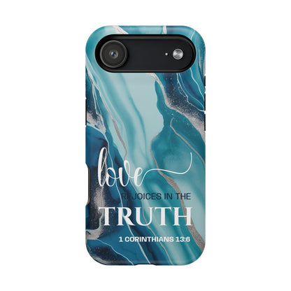 Love Rejoices- Magnetic Tough Phone Case - Bible Verse (Blue Marble) - (Fits Samsung & Apple)