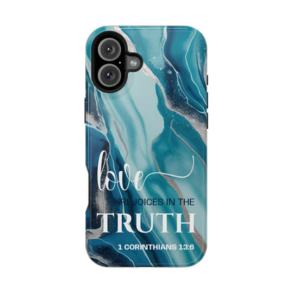 Love Rejoices- Magnetic Tough Phone Case - Bible Verse (Blue Marble) - (Fits Samsung & Apple)