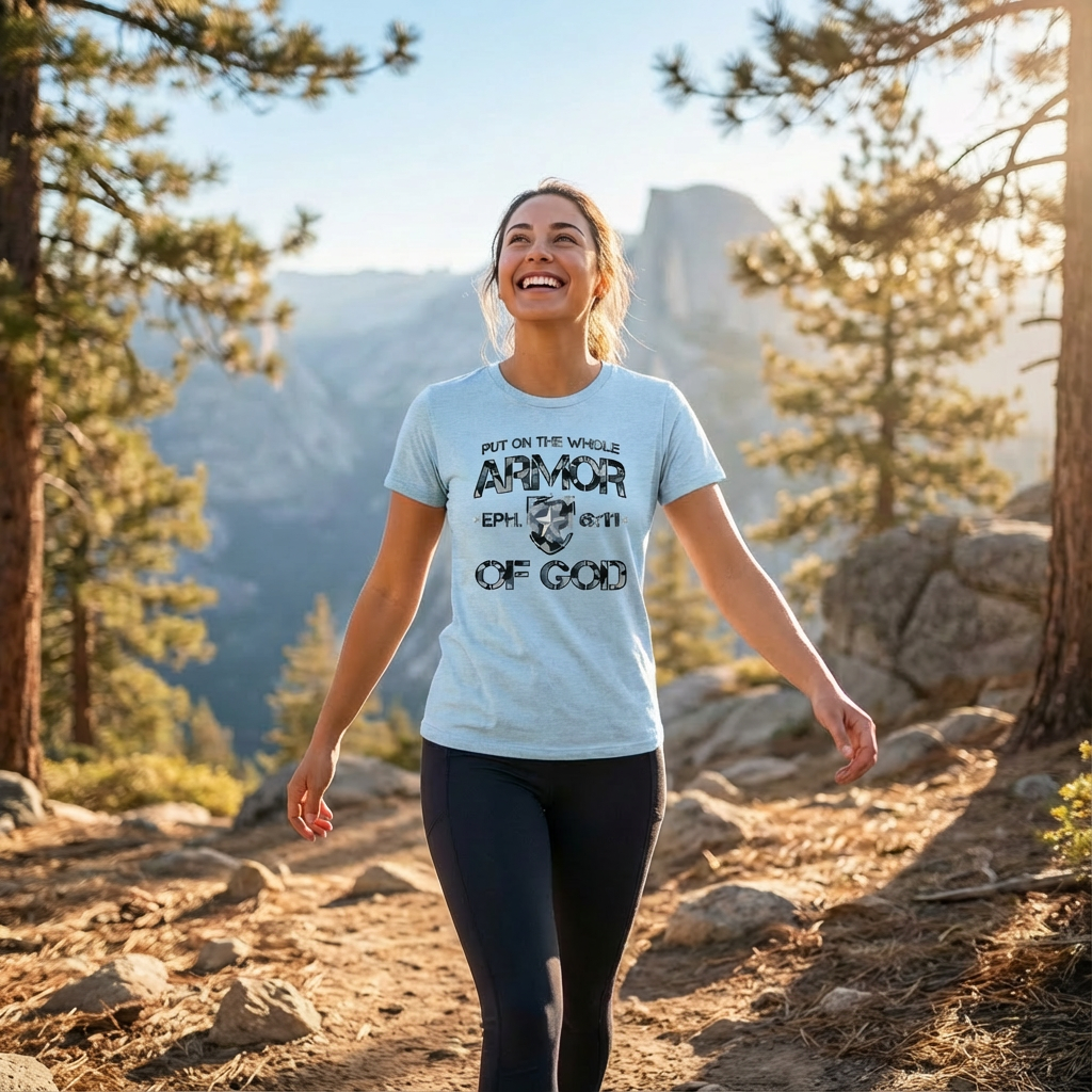 Woman hiking wearing an ice blue Armor of God T-shirt