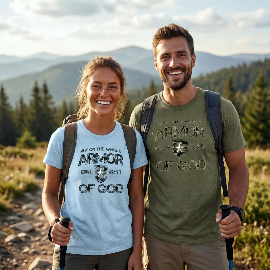 Two hikers standing in a mountainous area wearing 'Armor of God' t-shirts.