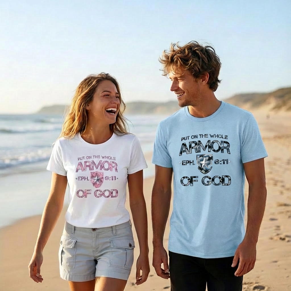 Two people on a beach wearing Armor of God t-shirts.
