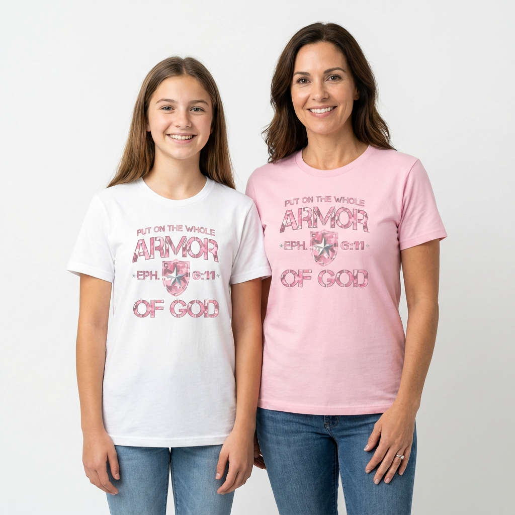 Two people wearing t-shirts with 'Armor of God' Pink Camo Design