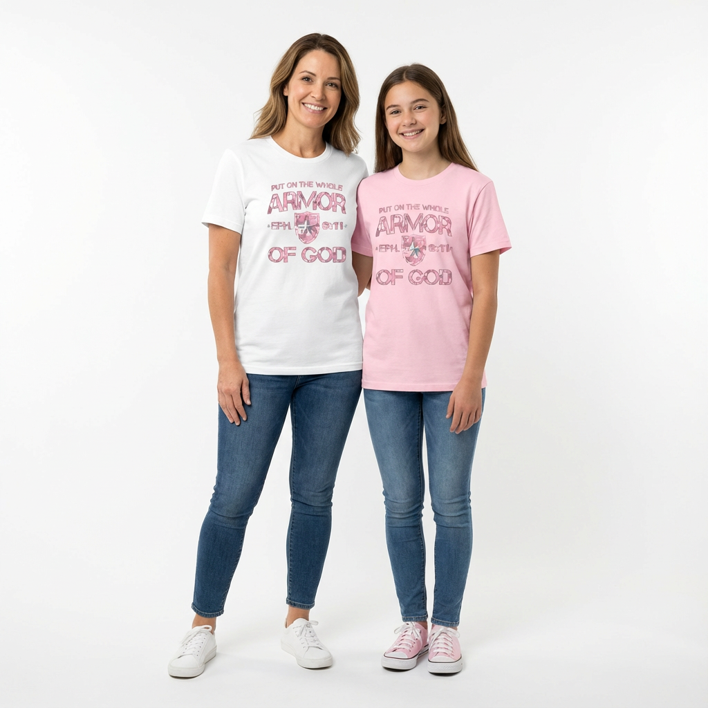 Mother and Daughter wearing matching t-shirts with 'Armor of God' Pink Camo Design