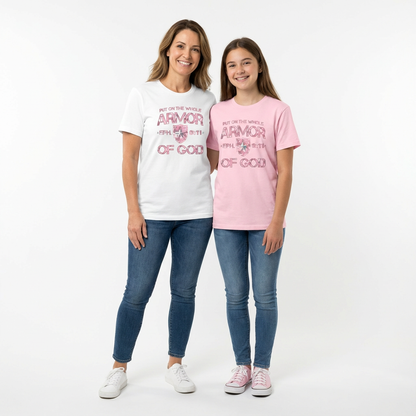 Mother and Daughter wearing matching t-shirts with 'Armor of God' Pink Camo Design
