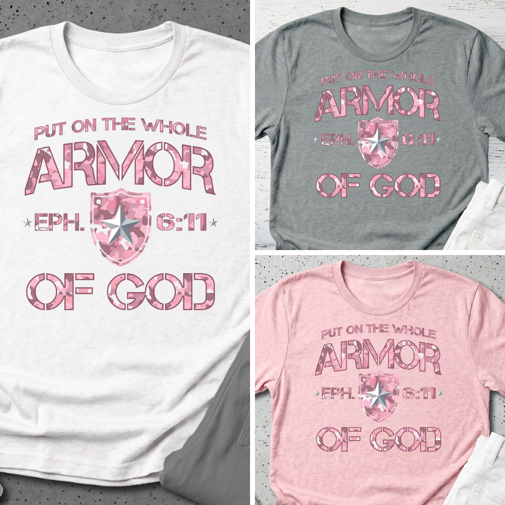 Armor of God – Pink Camo Collection – Tri-Blend Tee (White / Heathered Gray / Carnation Pink)