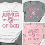 Armor of God – Pink Camo Collection – Tri-Blend Tee (White / Heathered Gray / Carnation Pink)