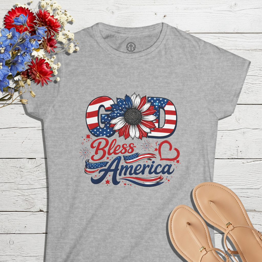 God Bless America Sunflower | Women's Softstyle Tee - 4 Colors (Light Blue/Sport Grey/White/Black)