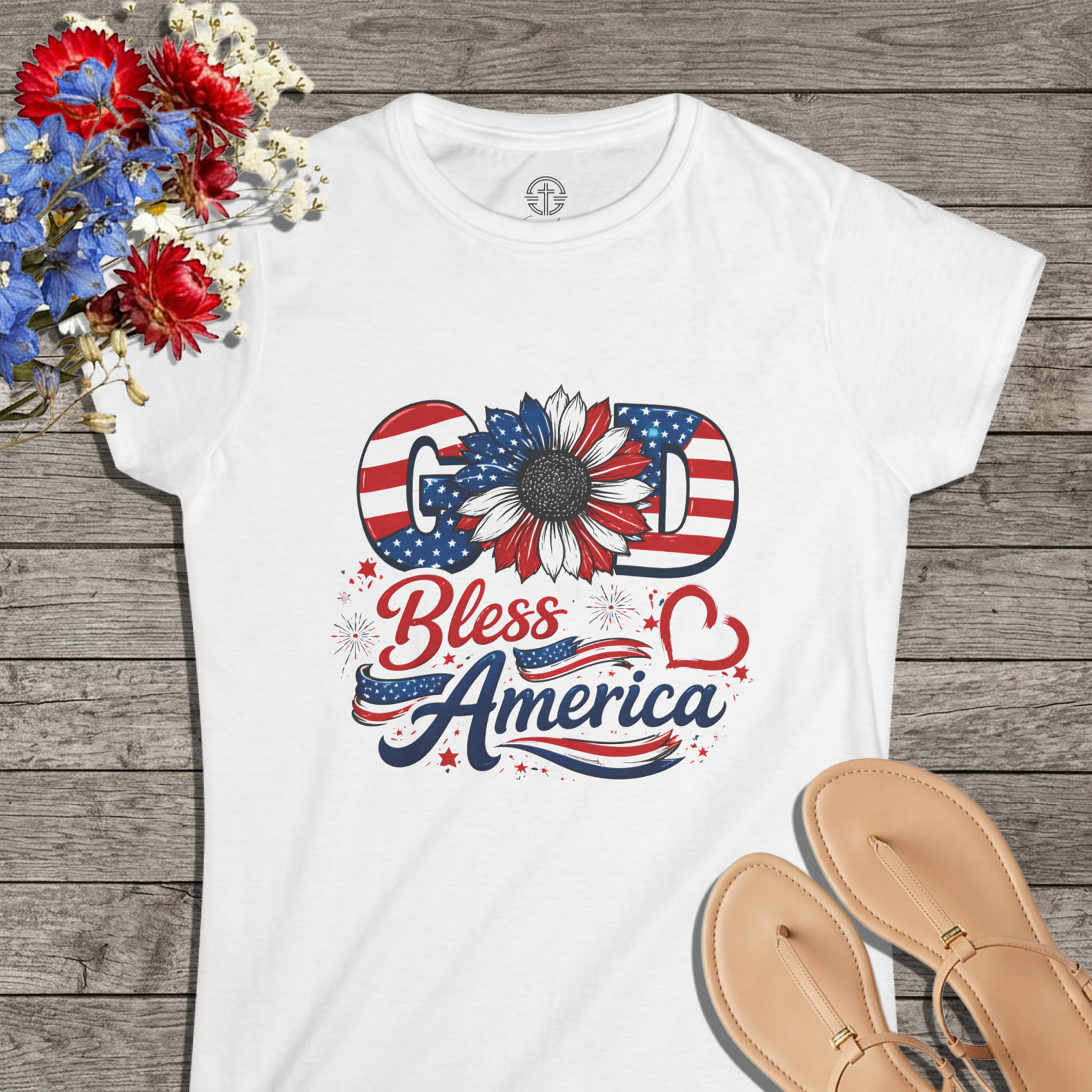 God Bless America Sunflower | Women's Softstyle Tee - 4 Colors (Light Blue/Sport Grey/White/Black)