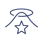 Navy blue icon of a star on a mountain with a circular halo above it