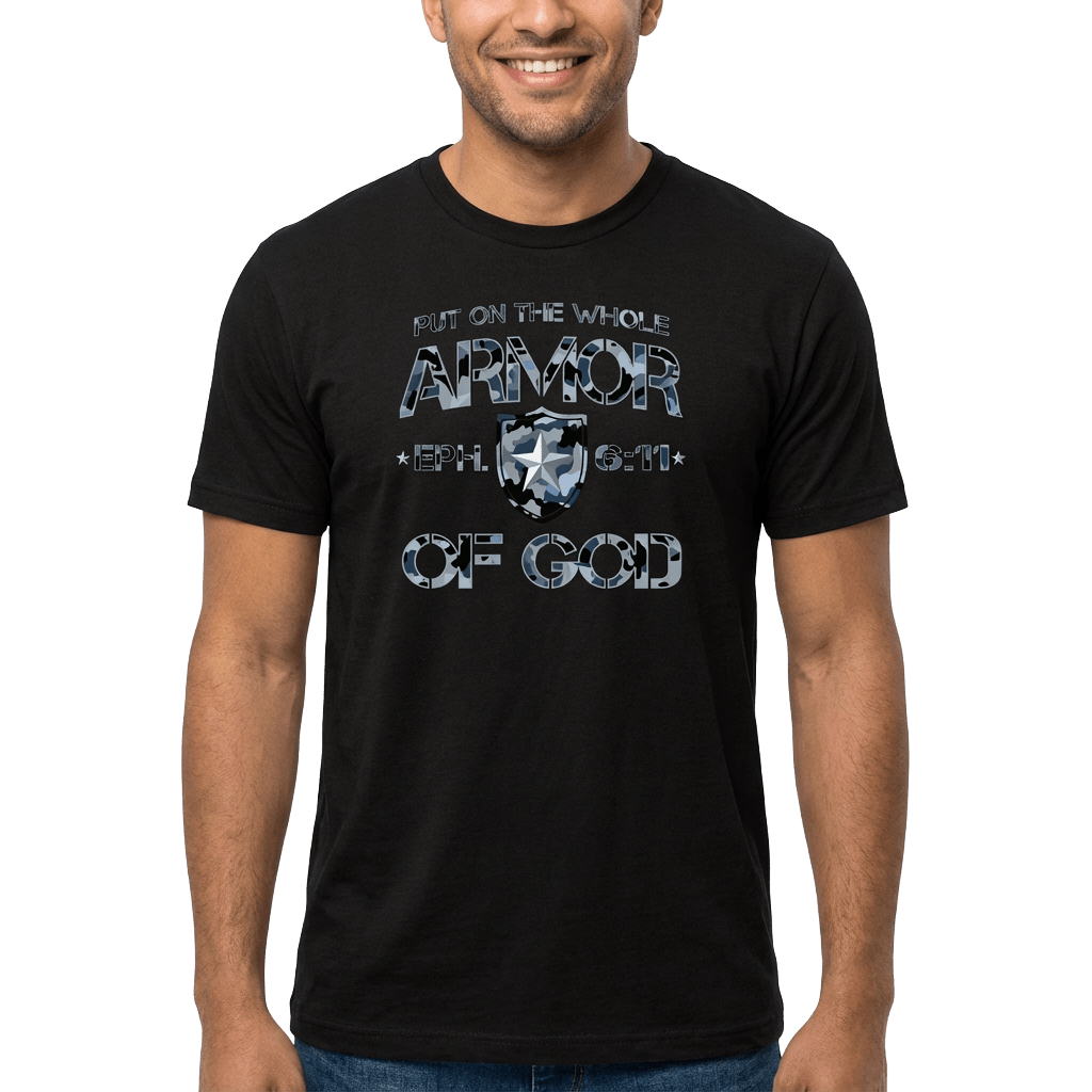 Armor of God Blue Camo Design Flint Blue Heather-T-Shirt - Sacred Stylz