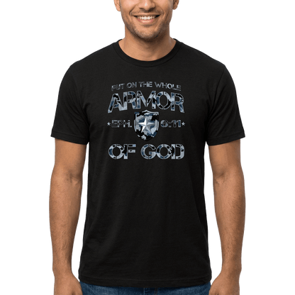 Armor of God Blue Camo Design Flint Blue Heather-T-Shirt - Sacred Stylz