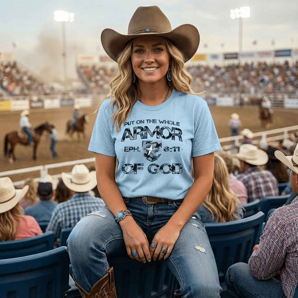 Girl in a cowboy hat at a rodeo wearing an Ice Blue Armor of God T-shirt