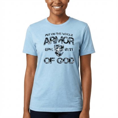 Armor of God Blue Camo Design Flint Blue Heather-T-Shirt - Sacred Stylz