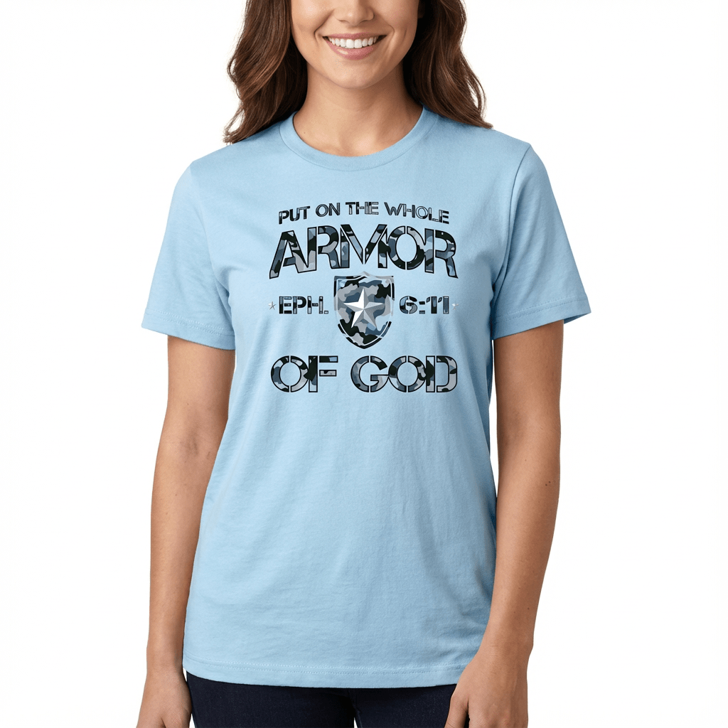 Armor of God Blue Camo Design Flint Blue Heather-T-Shirt - Sacred Stylz