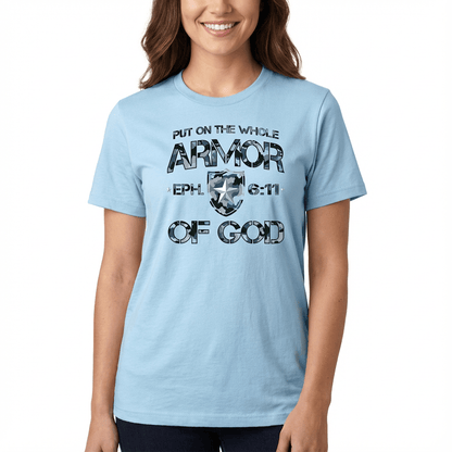 Armor of God Blue Camo Design Flint Blue Heather-T-Shirt - Sacred Stylz