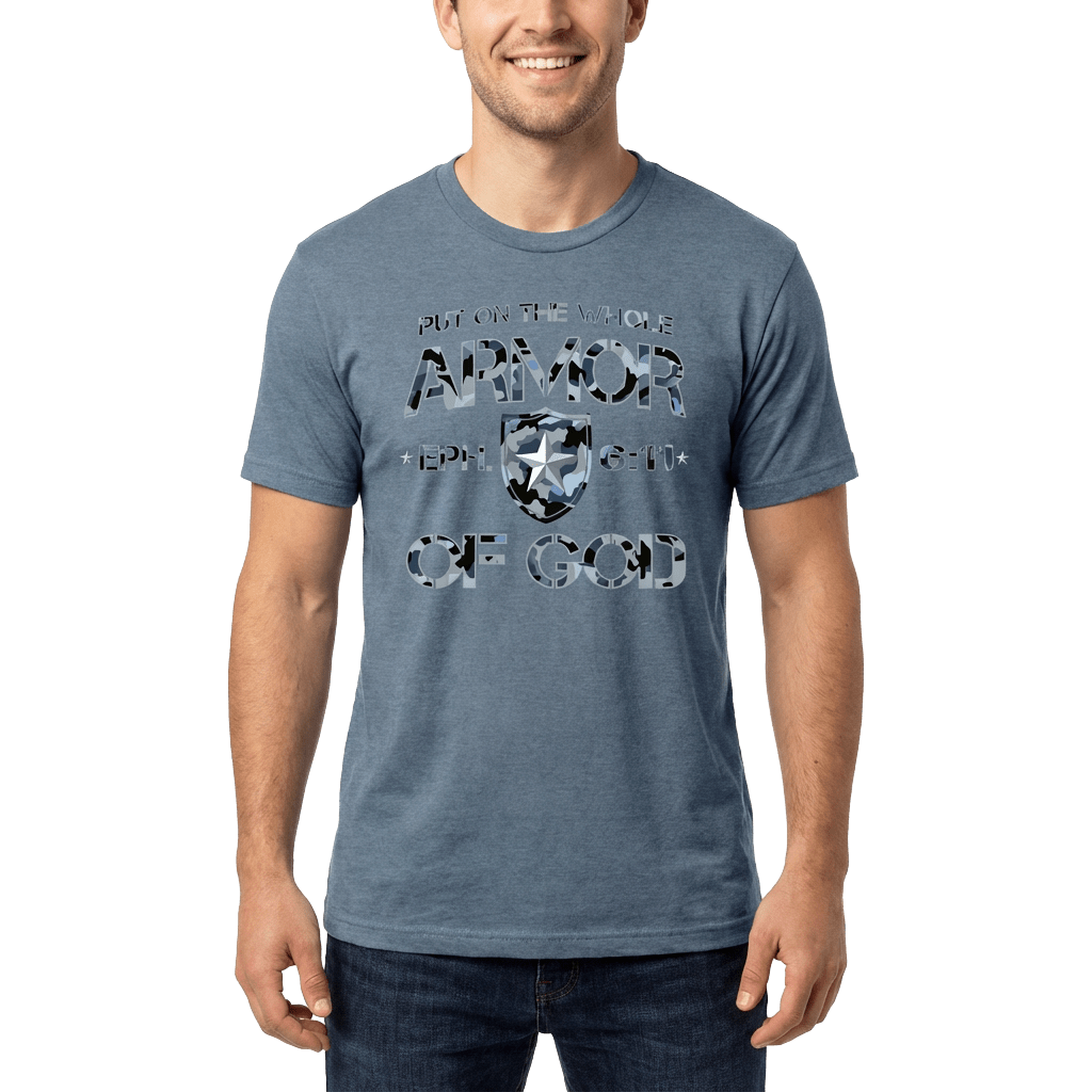 Armor of God Blue Camo Design Flint Blue Heather-T-Shirt - Sacred Stylz