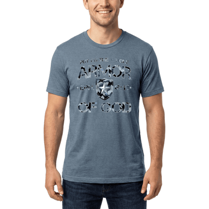 Armor of God Blue Camo Design Flint Blue Heather-T-Shirt - Sacred Stylz