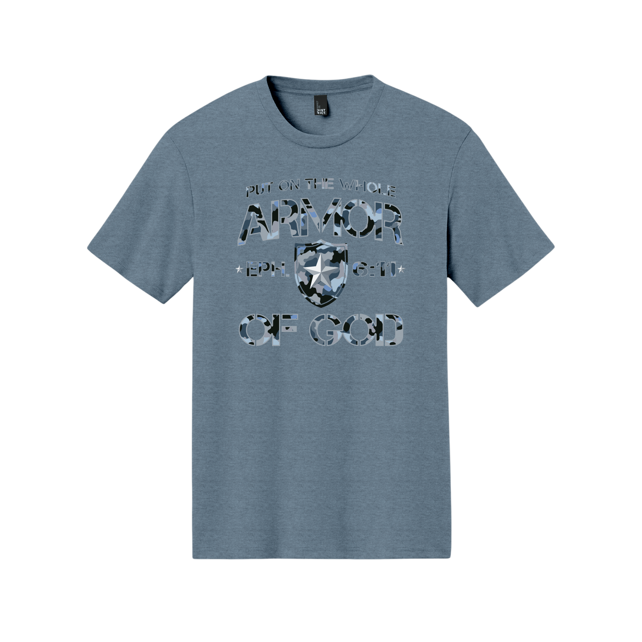Armor of God Blue Camo Design Flint Blue Heather-T-Shirt - Sacred Stylz