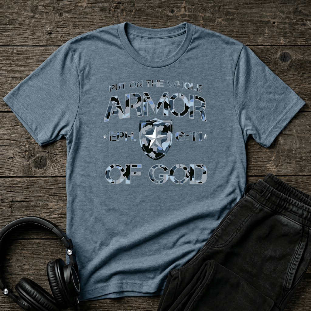 Armor of God – Blue Camo Collection – Tri - Blend Tee (Ice Blue/Black Frost / Flint Blue Heather) - Sacred Stylz