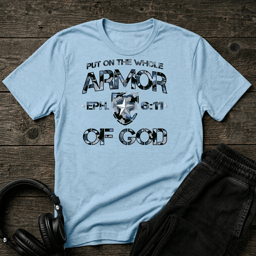 Armor of God – Blue Camo Collection – Tri - Blend Tee (Ice Blue/Black Frost / Flint Blue Heather) - Sacred Stylz