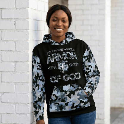 Armor of God - Blue Camo on Black Cotton Hoodie - Unisex - Sacred Stylz
