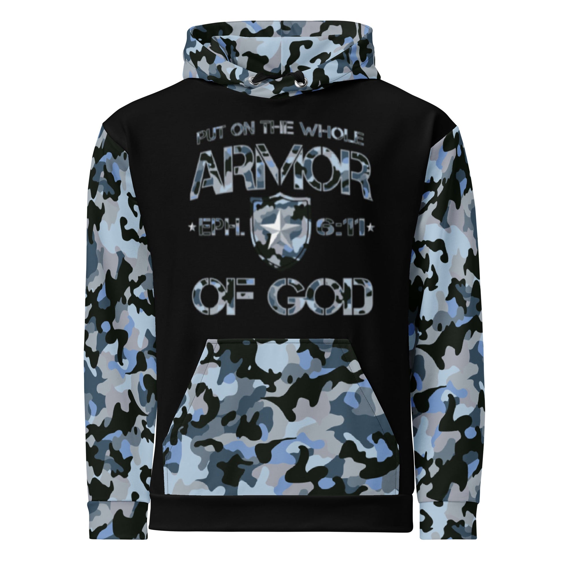 Armor of God - Blue Camo on Black Cotton Hoodie - Unisex - Sacred Stylz